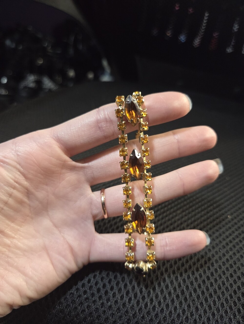 Vintage 1950s Amber Topaz Rhinestone Bracelet Gold Tone Multi Row Expansion Link